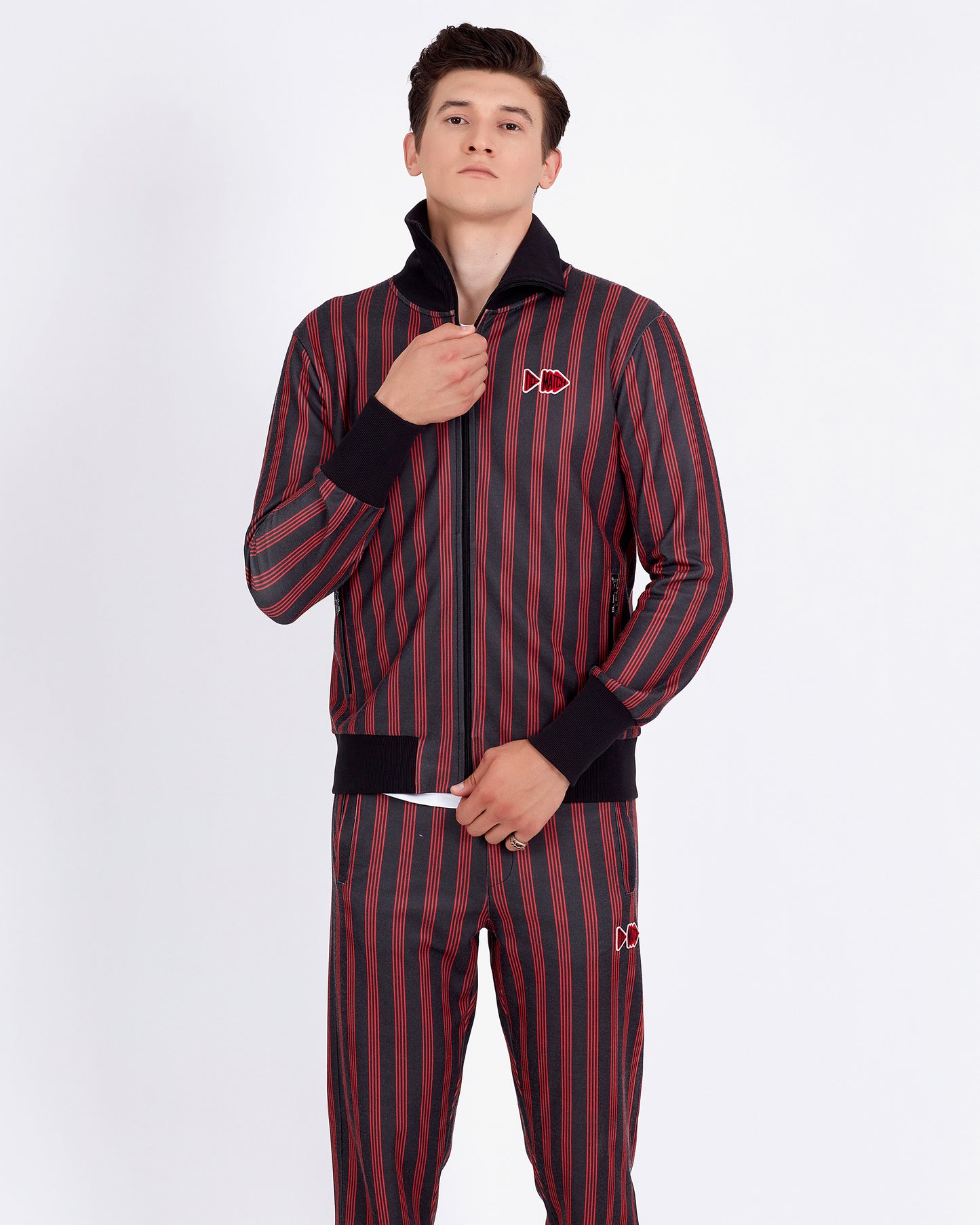 PERCEPTION | Erkek Kırmızı Siyah Çizgili Regular Fit Fermuarlı Eşofman Üstü (200-E-0044)