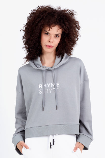 DISTORTED | Kadın Füme Oversize R&H Nakışlı Kapüşonlu Cropp Hoodie (200-K-0015)