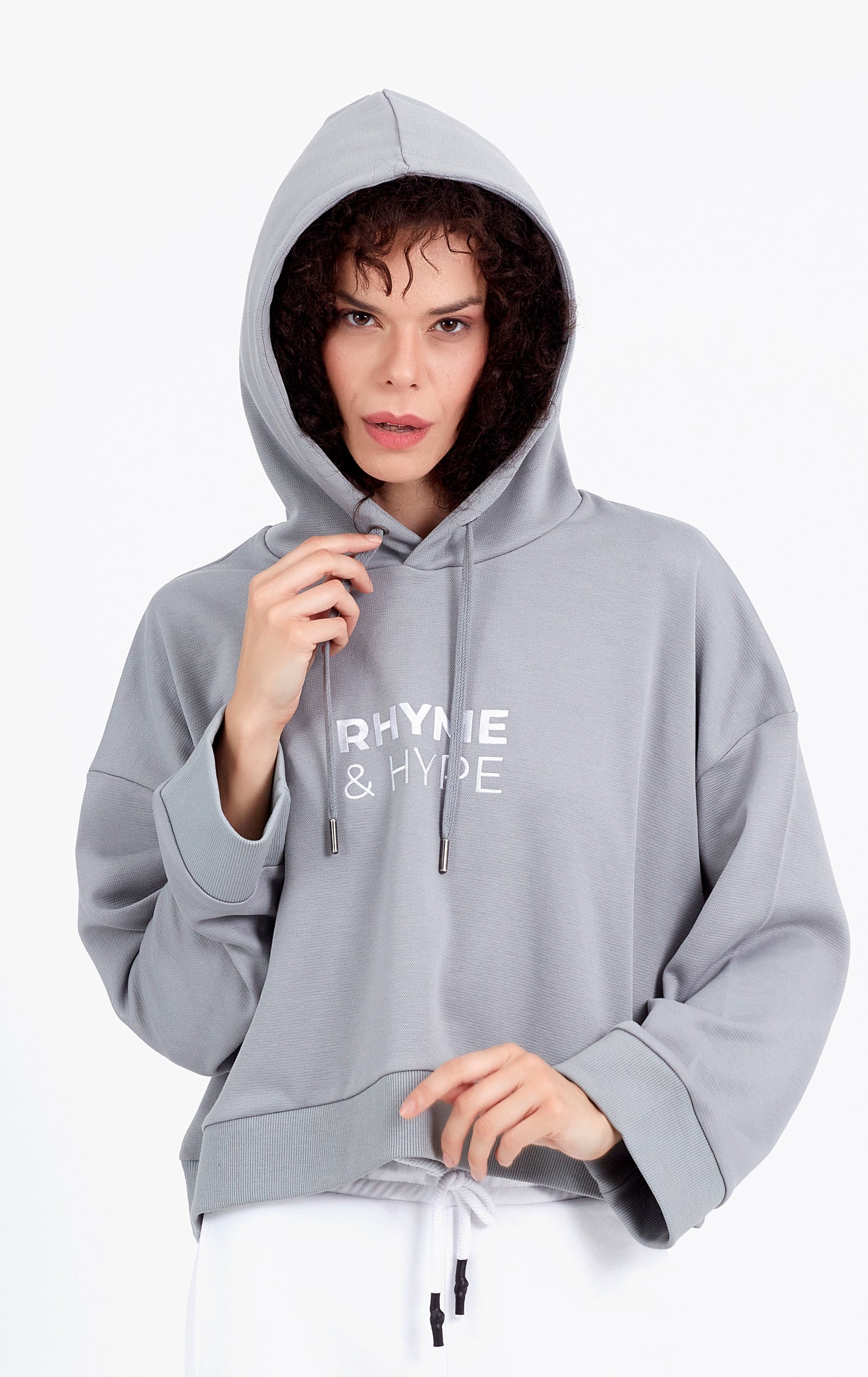 DISTORTED | Kadın Füme Oversize R&H Nakışlı Kapüşonlu Cropp Hoodie (200-K-0015)