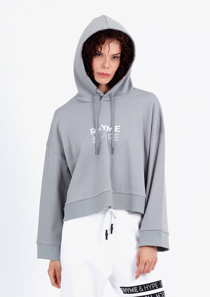 DISTORTED | Kadın Füme Oversize R&H Nakışlı Kapüşonlu Cropp Hoodie (200-K-0015)