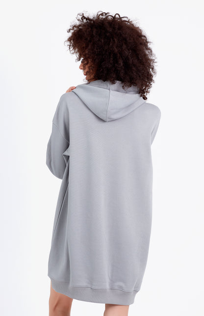 Solo | Kadın Gri Oversize R&h Nakış Detaylı Kapüşonlu Elbise Tunik (200-K-0054)