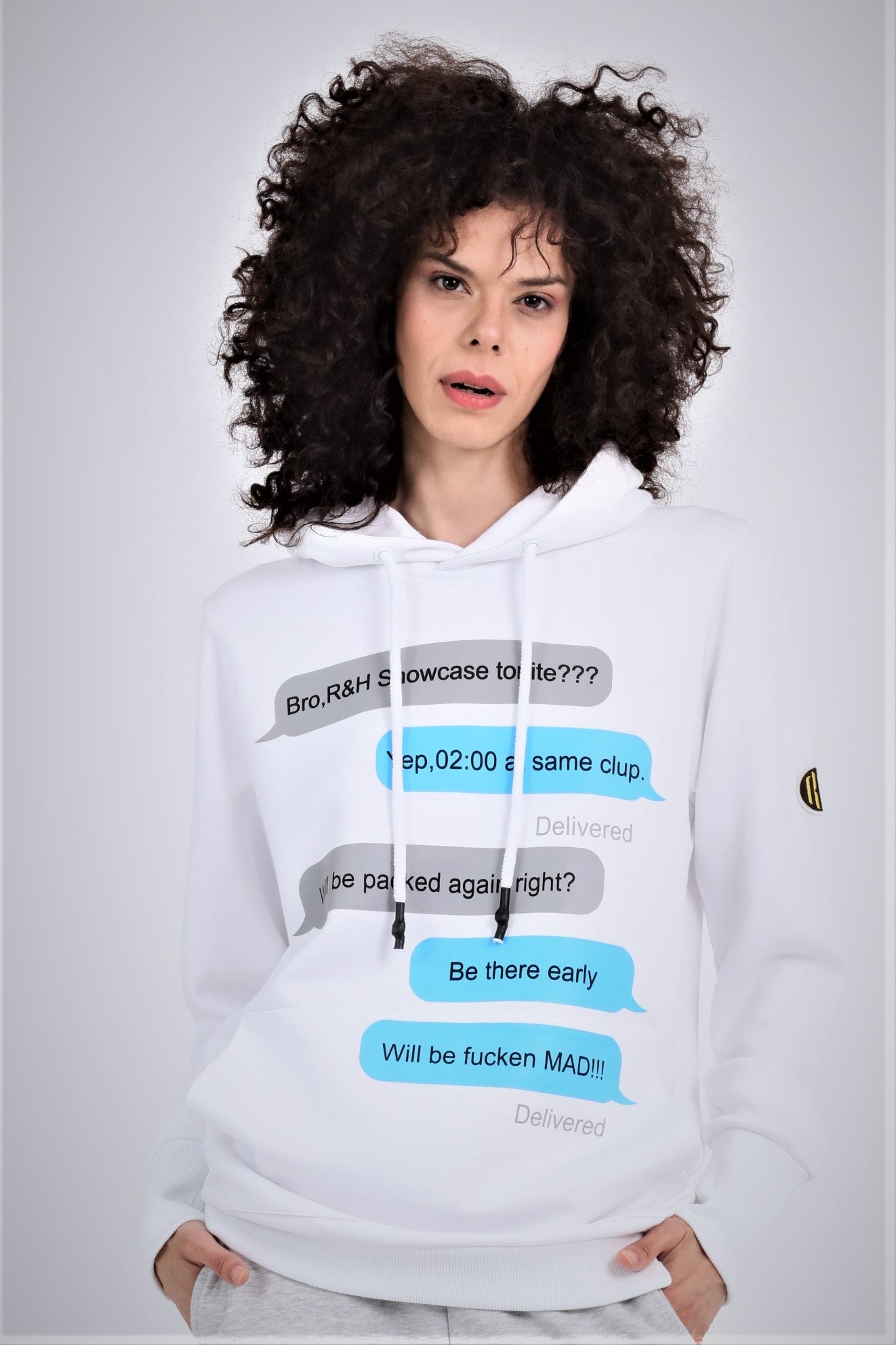 DIGI RACE | Kadın Beyaz Oversize Baskılı Kapüşonlu Sweatshirt Hoodie (200-K-0013)