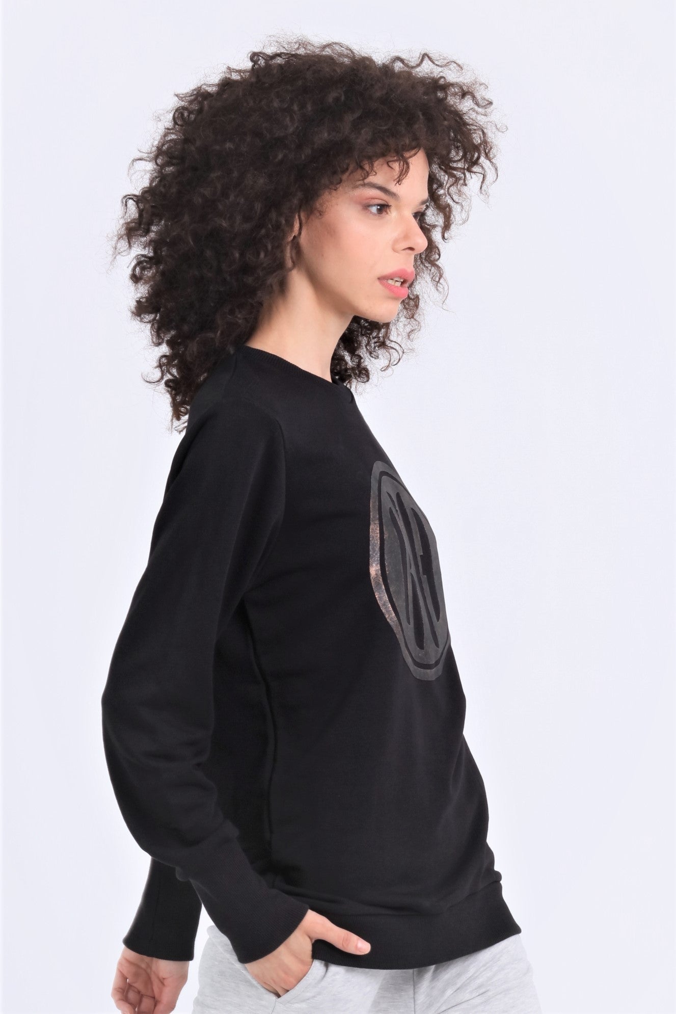 HAUZ | Kadın Siyah Oversize R&H Baskılı Bisiklet Yaka Sweatshirt (200-K-0035)