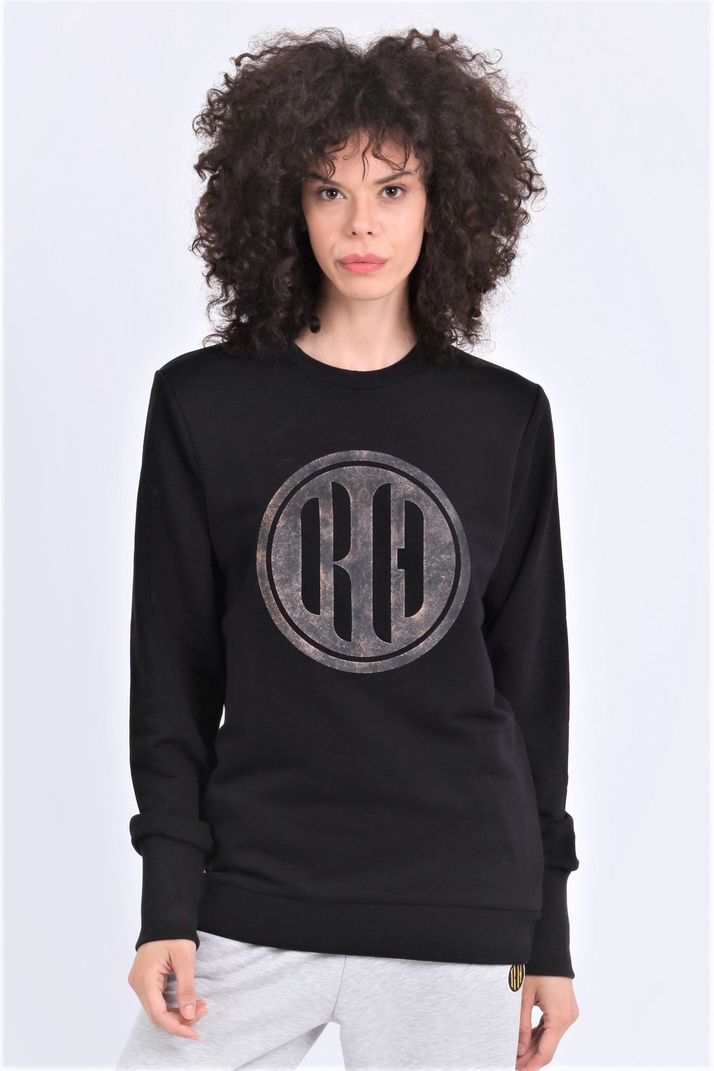 HAUZ | Kadın Siyah Oversize R&H Baskılı Bisiklet Yaka Sweatshirt (200-K-0035)