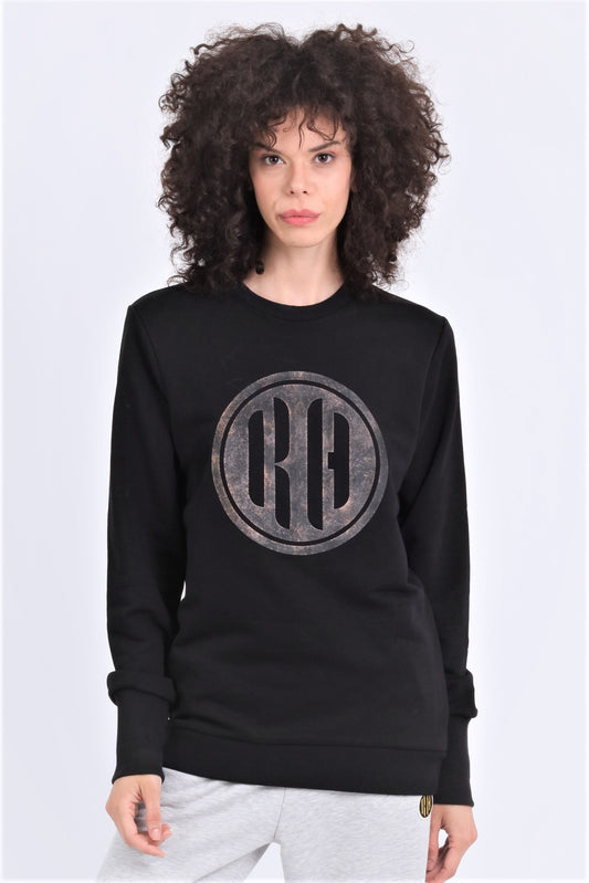 HAUZ | Kadın Siyah Oversize R&H Baskılı Bisiklet Yaka Sweatshirt (200-K-0035)