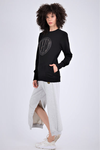 HAUZ | Kadın Siyah Oversize R&H Baskılı Bisiklet Yaka Sweatshirt (200-K-0035)