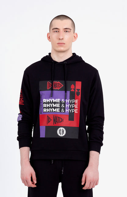 DEEP | Erkek Siyah Regular Fit R&H ve NM Mix Baskılı Kapüşonlu Sweatshirt Hoodie (200-E-0011)