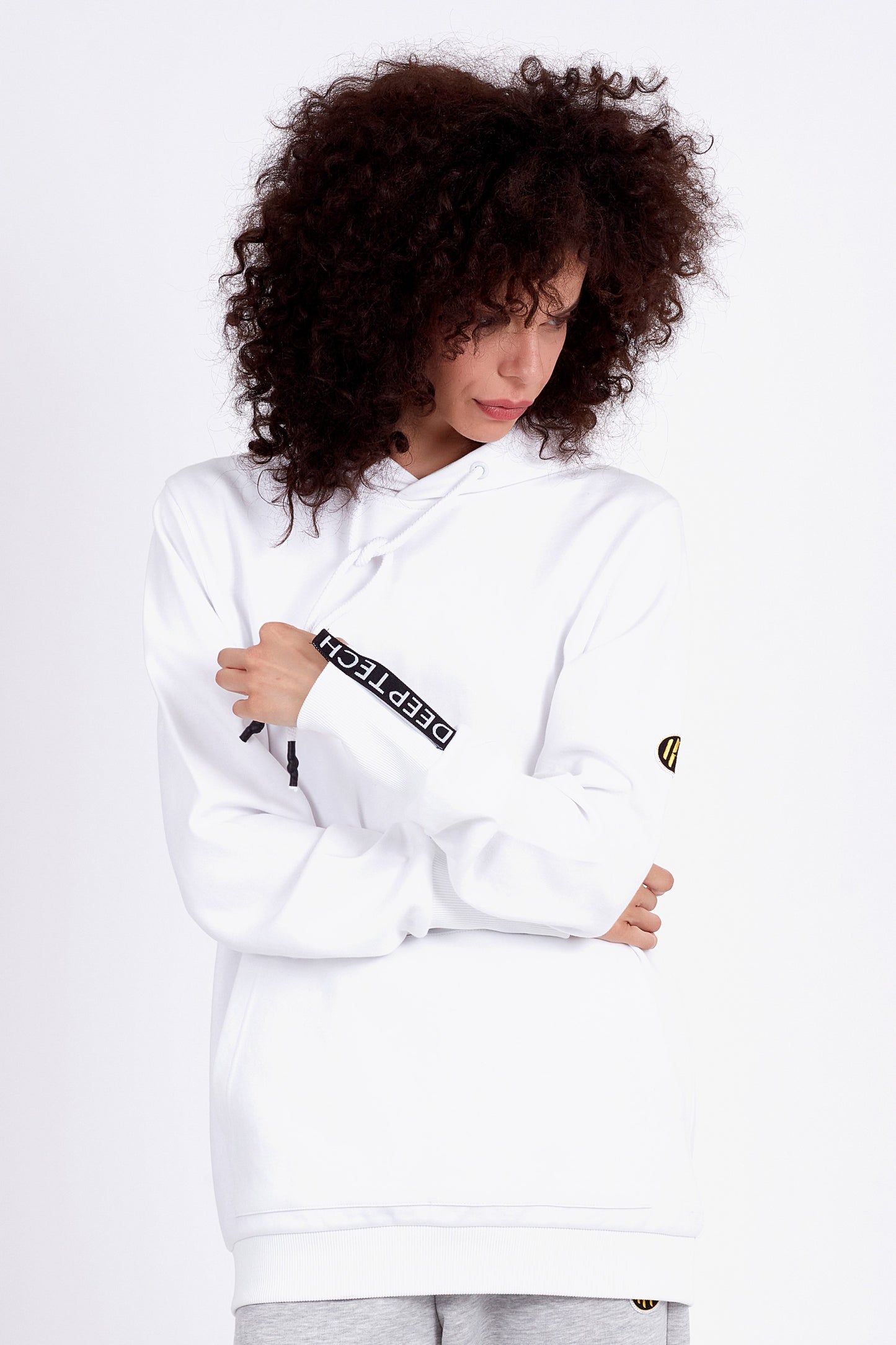 FLUTTER | Kadın Beyaz Oversize Sırt Baskılı Şerit Detay Kapüşonlu Sweatshirt Hoodie (200-K-0024)