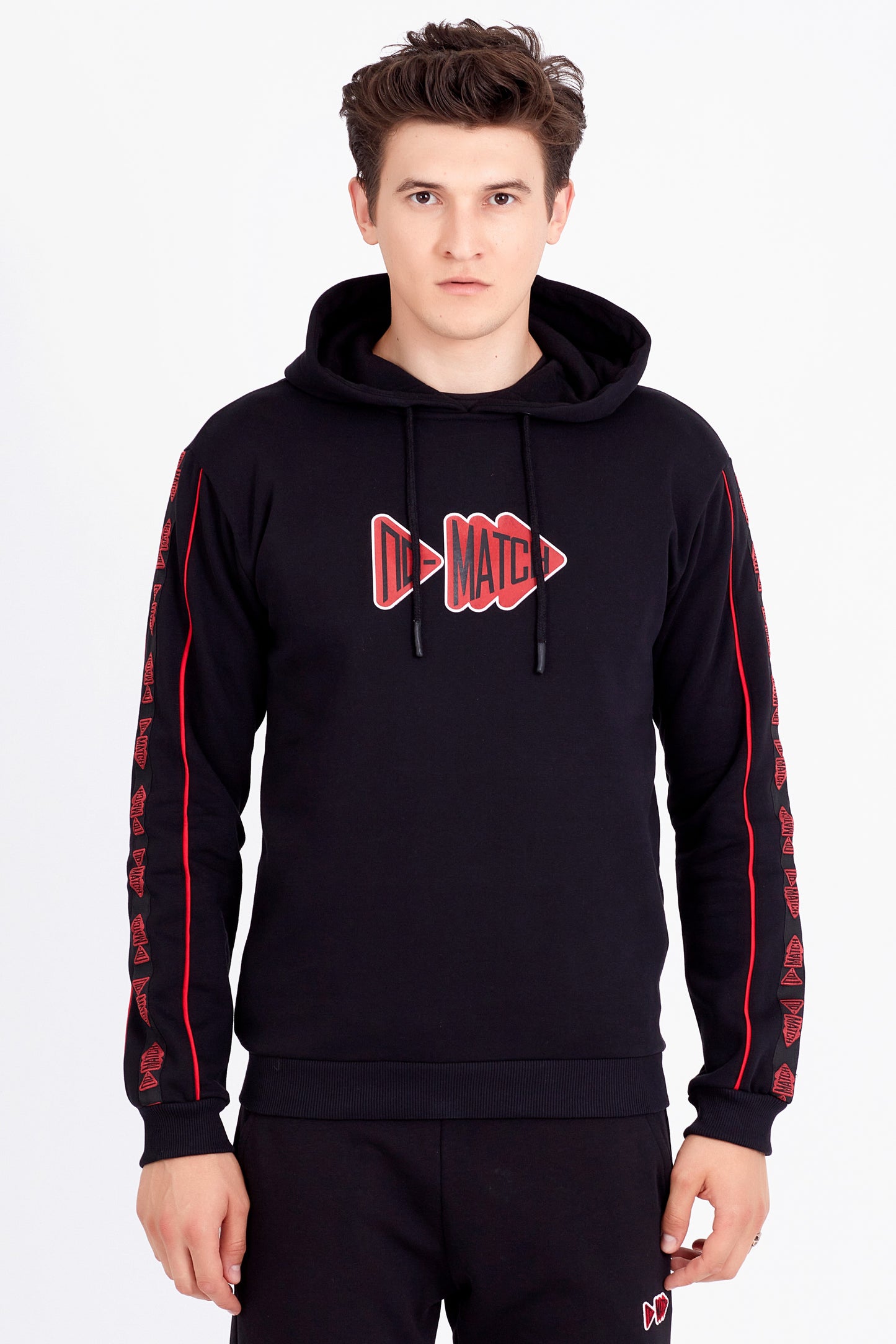 Dark | Erkek Siyah Regular Fit Şerit Detaylı Baskılı Kapüşonlu Sweatshirt Hoodie (200-E-0010)