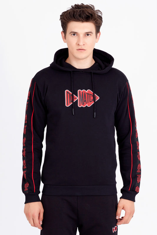 Dark | Erkek Siyah Regular Fit Şerit Detaylı Baskılı Kapüşonlu Sweatshirt Hoodie (200-E-0010)