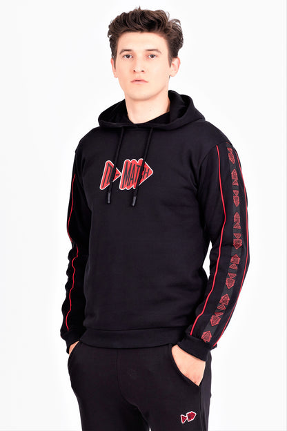 Dark | Erkek Siyah Regular Fit Şerit Detaylı Baskılı Kapüşonlu Sweatshirt Hoodie (200-E-0010)